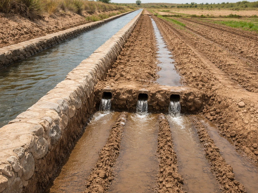 Stone-lined irrigation canal feeding small furrows in arid farmland.
