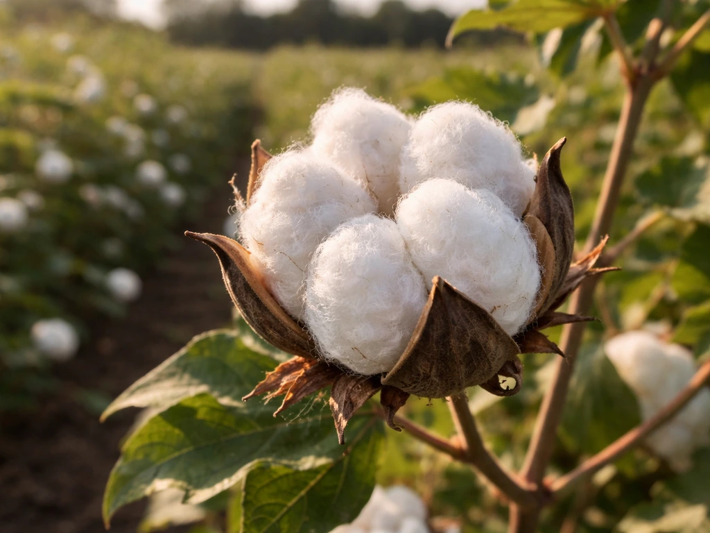 Open cotton boll on a sunlit plant, fluffy white fibers ready for harvest in a quiet field.