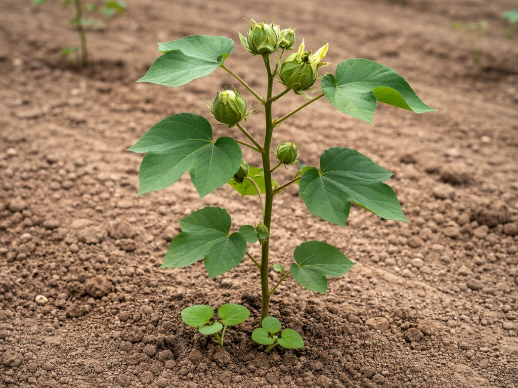 Single cotton plant showing early seedlings at the base progressing to squares and early flower buds.