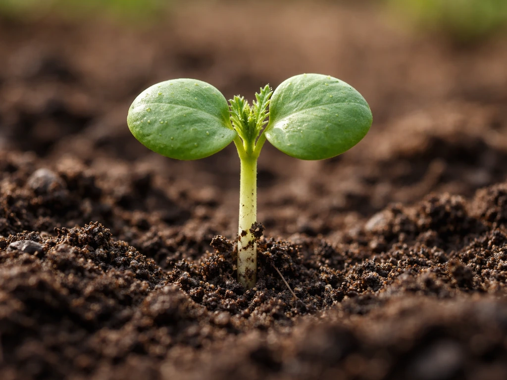 Cotton seedling emerging from moist soil, showing cotyledons and first true leaves in close-up.