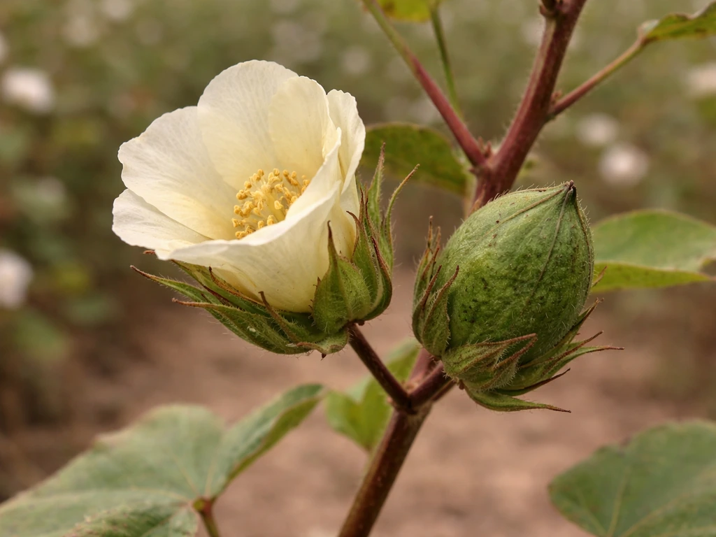 Close-up of a cotton plant showing a white flower and a developing boll on the branch.