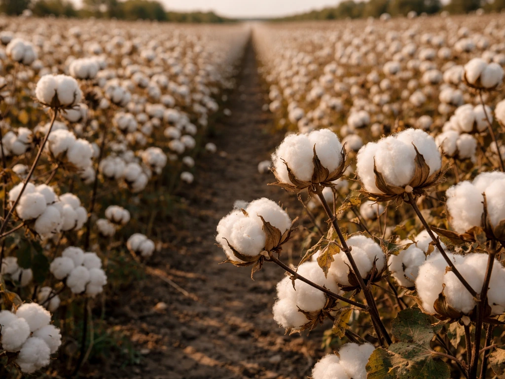 Cotton field with open bolls across rows, indicating harvest timing