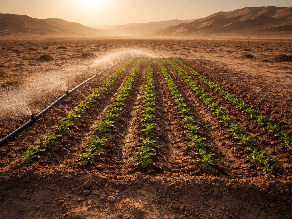Green seedlings in a small irrigated desert plot with sprinkling water amid surrounding dunes and heat.