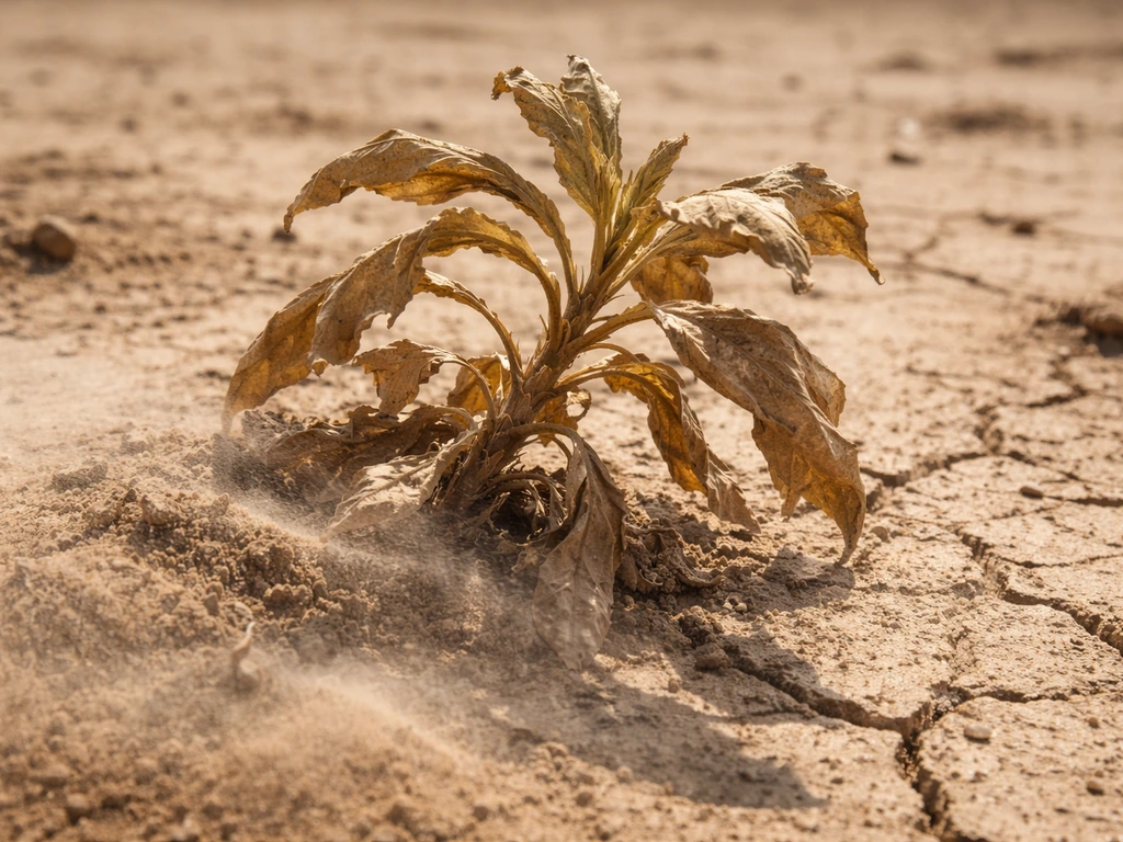 Close-up of sun-bleached desert plant leaves beside dry cracked soil with wind-blown dust
