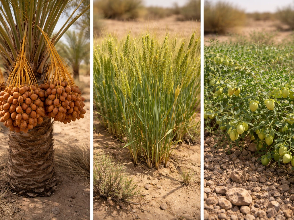 Date palm, barley/sorghum, and chickpea plants shown side by side in a sandy desert setting.