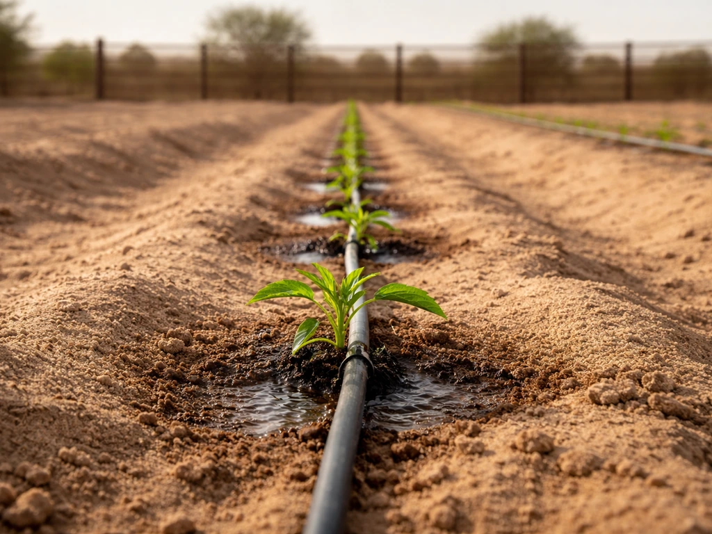 Desert farm with drip irrigation lines watering young plants, with a windbreak structure behind them