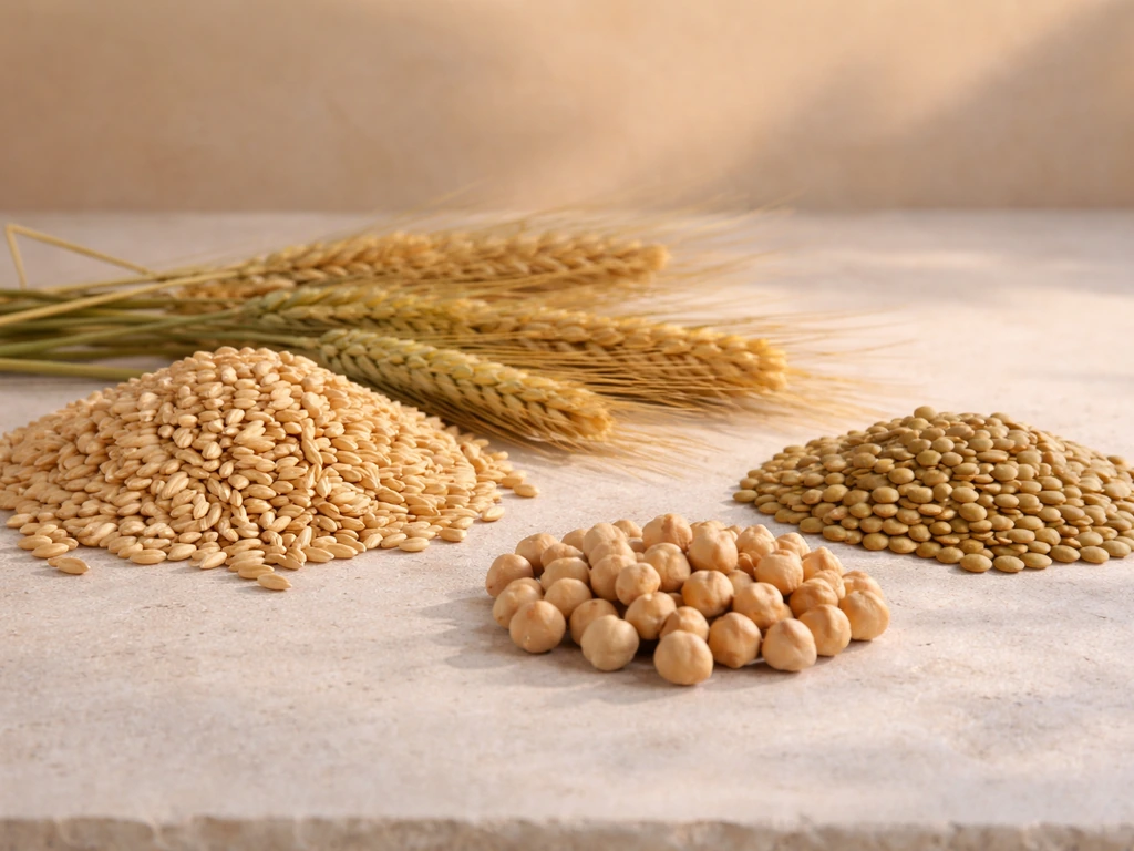 Minimal still life of barley, wheat, lentils, and chickpeas on a simple stone surface