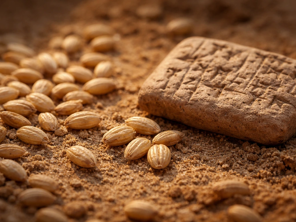 Close-up of barley grains beside a small clay tablet, suggesting Sumerian barley records.