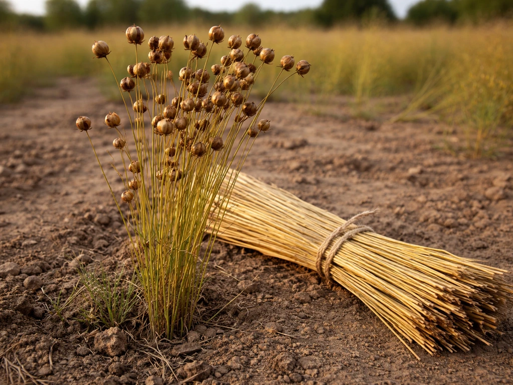 Close-up flax plant with mature seedpods beside harvested stalks on bare soil.