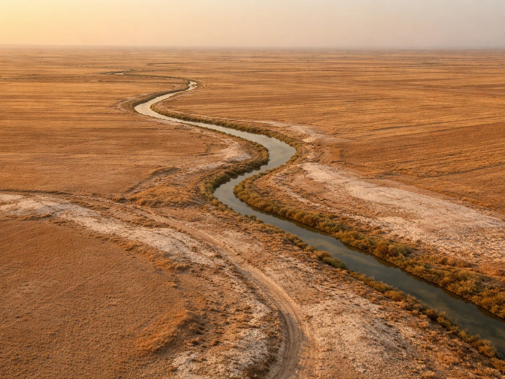 Aerial view of southern Mesopotamia with narrow irrigation canals and pale salt-crusted soil patches.