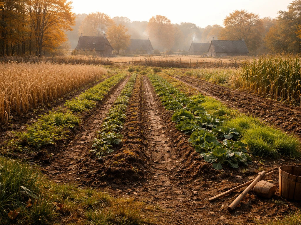 Autumn New England field with furrows and mixed crops under warm Plymouth Colony–era light.