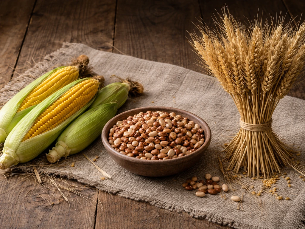 Side-by-side still life of maize cobs, dried beans, and wheat/rye sheaves on a wooden table.