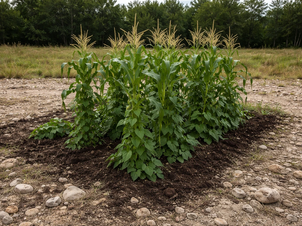 Corn and climbing beans growing together in a stony, New England–style garden soil