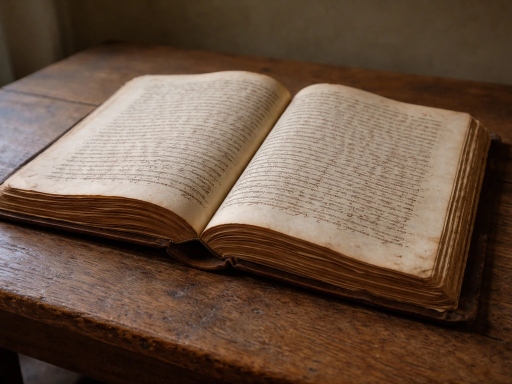 Close-up of an open aged colonial manuscript on a wooden table, pages filled with handwritten quill text.