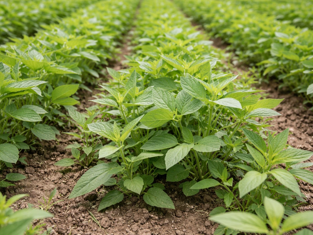 Close-up of crop plants with unwanted weeds mixed between rows, competing for nutrients.
