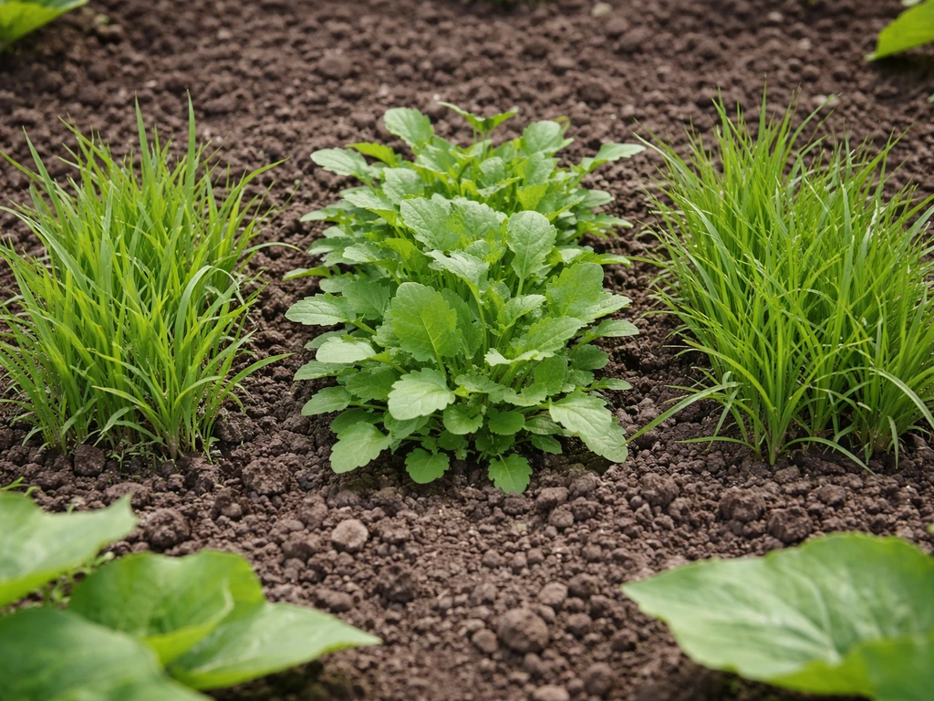 Close-up crop ground showing three weed types side-by-side: narrow grass blades, broadleaf weeds, and sedges.