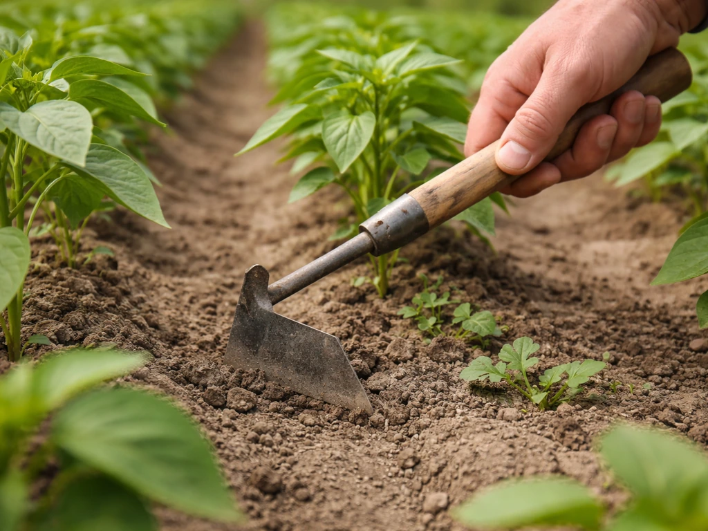 Hand-hoeing small weeds between crop seedlings in a tidy garden row without damaging plants.
