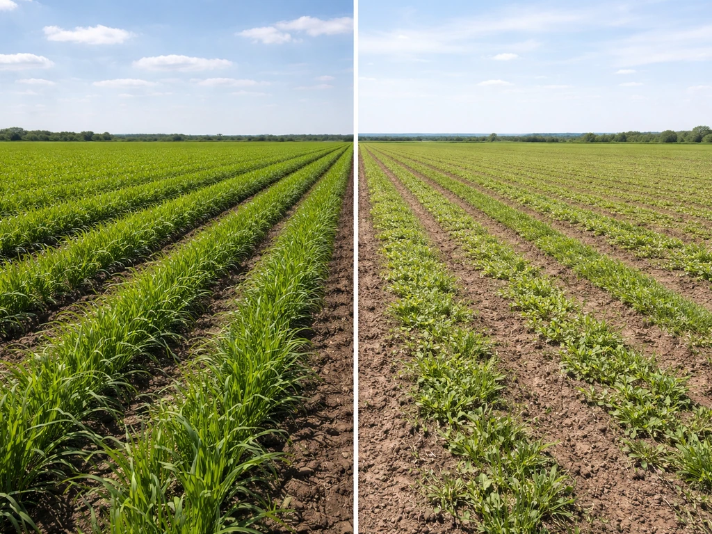 Same crop field in different seasons, showing warm-season grasses on one side and cooler-season weeds on the other.