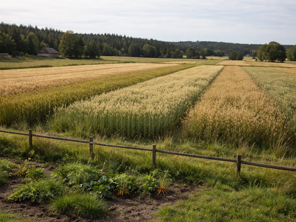 Wide Scandinavian Viking-era grain fields with barley/rye patterns and scattered legumes in the foreground.