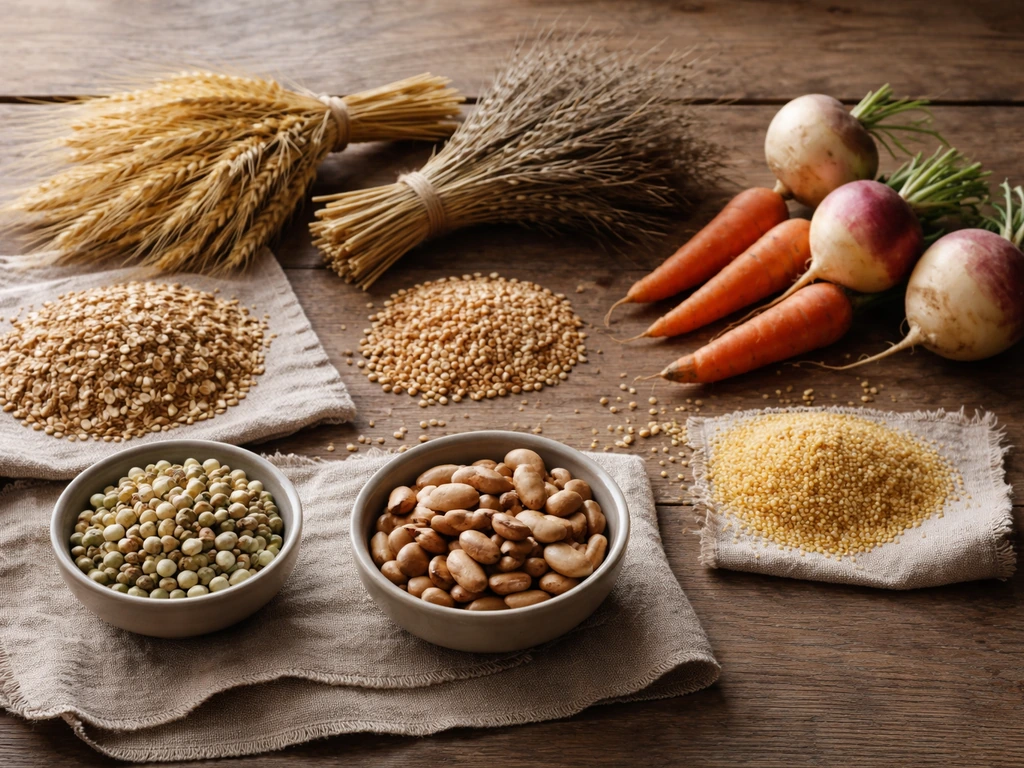 Flat-lay of barley, rye, oats, wheat, millet, legumes, and root vegetables on a wooden table.