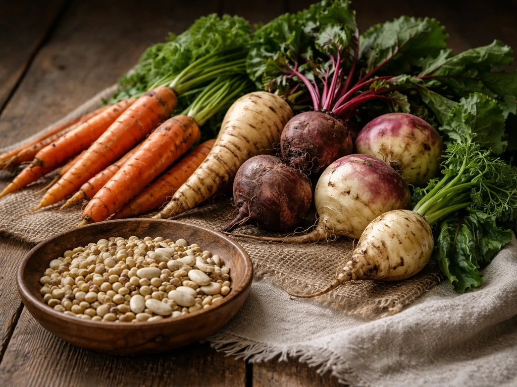 Rustic still life of dried peas and beans with assorted root vegetables on a wooden table.