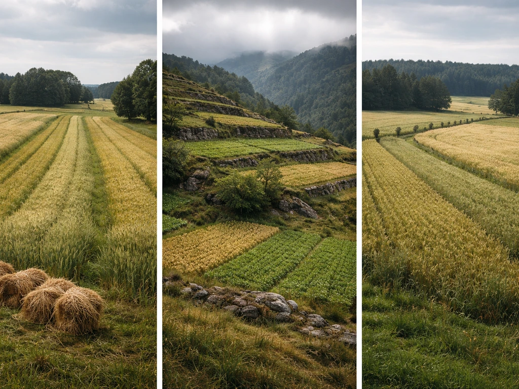 Three minimal farm scenes representing Denmark, Norway, and Sweden crop variety in a Viking-era landscape.