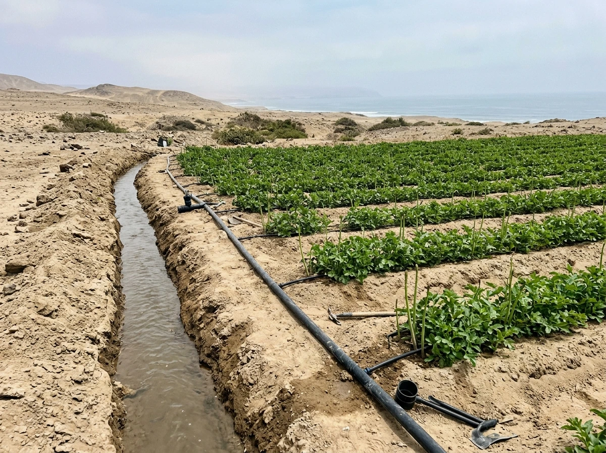 Irrigated crops on Peru’s desert coast with coastal farmland canal