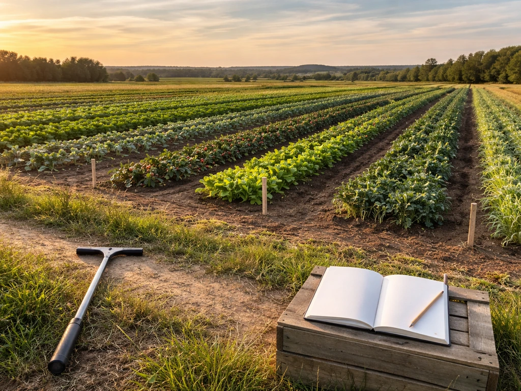Wide view of separate crop rows on a farm with an open notebook and blank planning stakes in soil