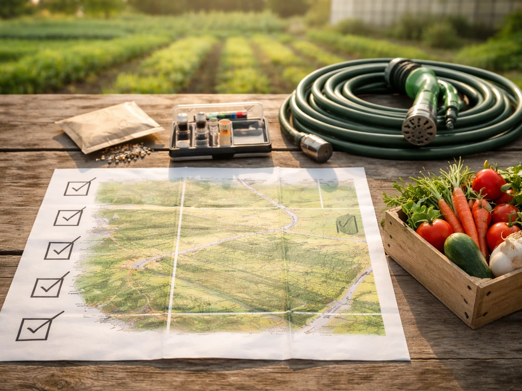 Checklist with four blank boxes next to map, soil kit, hose, and produce crate on a farm table