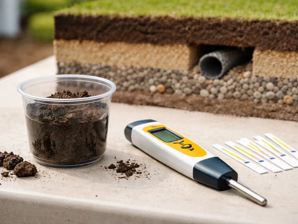 Soil sample in a small container next to pH test strips and a shallow drainage profile in the background.