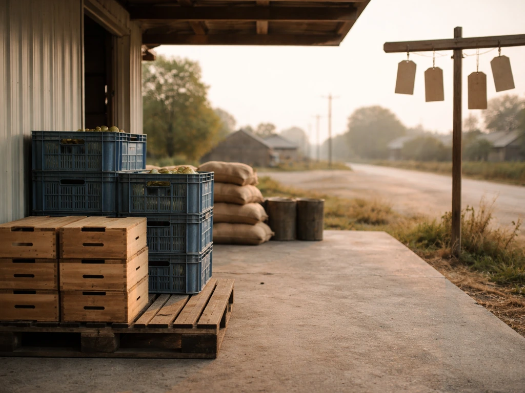 Crates on a loading dock beside a roadside stand, suggesting distance to buyers and market access.