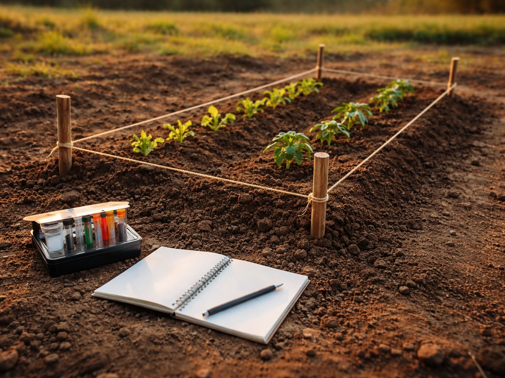 Small farm trial plot with stakes, a soil-test kit, and a notebook beside the rows.
