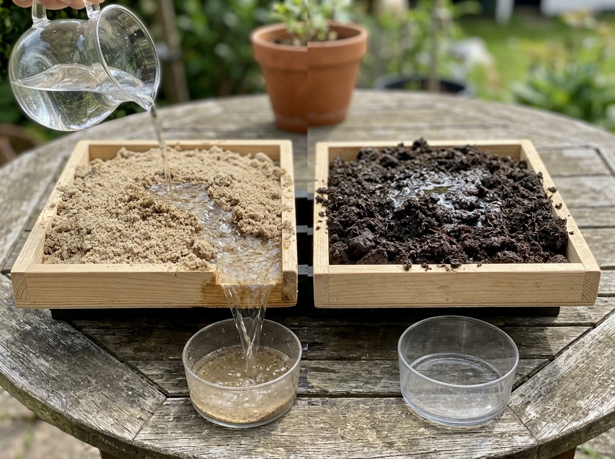 Sandy vs loamy soil trays showing different water retention