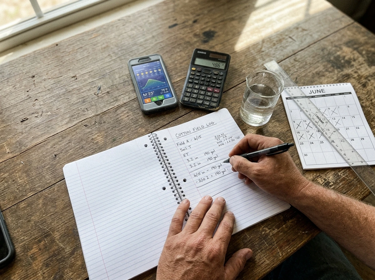 Tools for estimating cotton irrigation needs: phone, calculator, blank notes