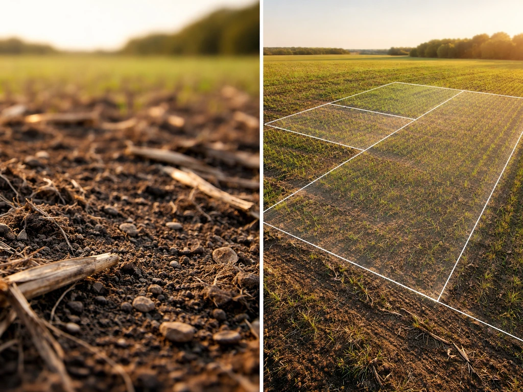 Split view of textured soil and a sunlit field with faint transparent crop-zone boundaries.