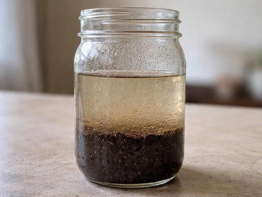 Clear jar with layered soil and water, showing settling strata after shaking
