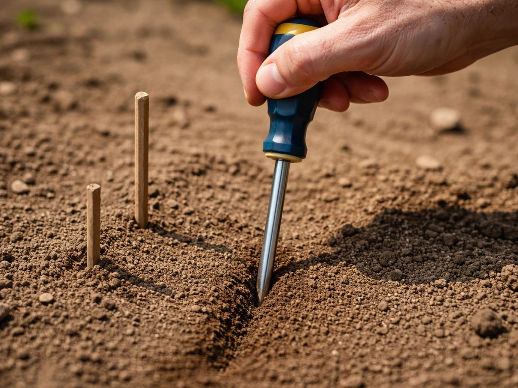 Hand pressing a standard screwdriver into soil to demonstrate soil compaction depth.