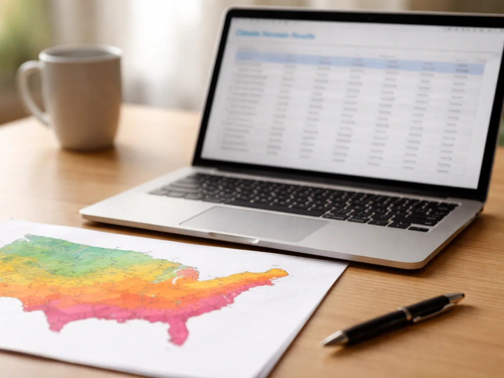 Laptop with climate normals page and a printed frost-date map on a desk, no people, natural light.