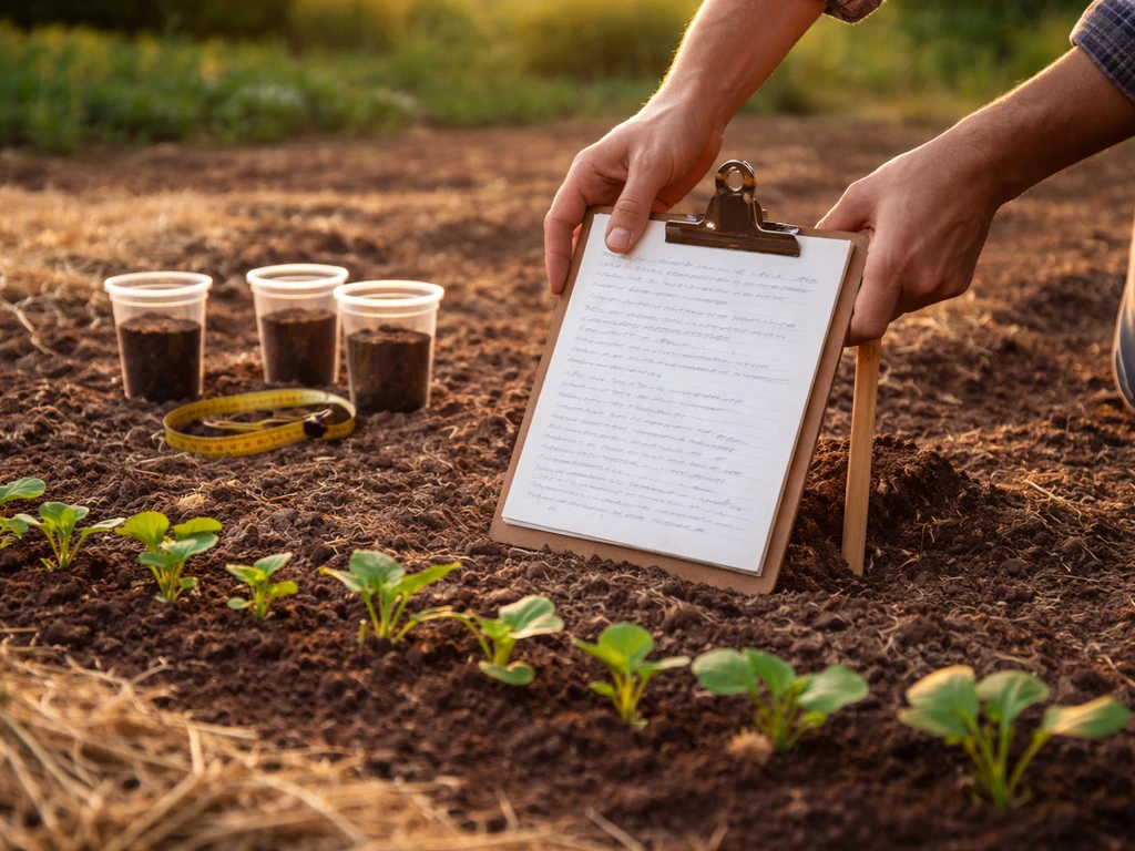 Clipboard with soil test notes beside small seedlings on an outdoor garden plot at golden hour.