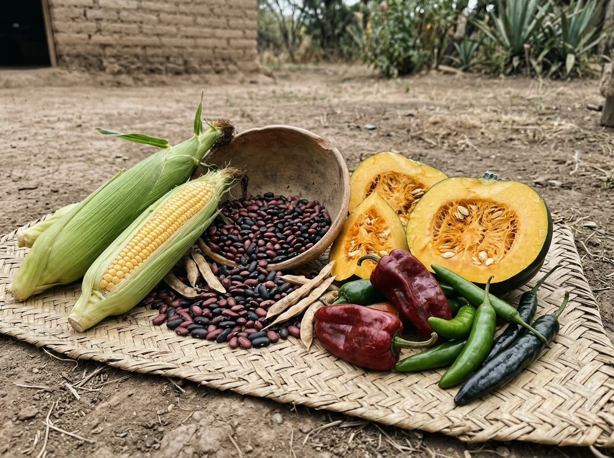 Maize, beans, squash, and chilies displayed like Aztec staples