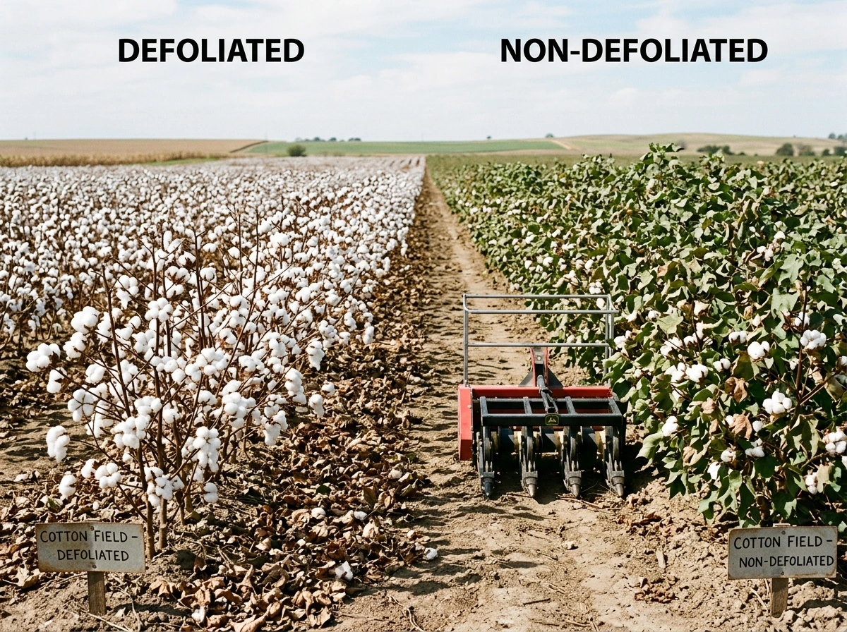 Defoliated cotton ready for harvest with bolls on plants