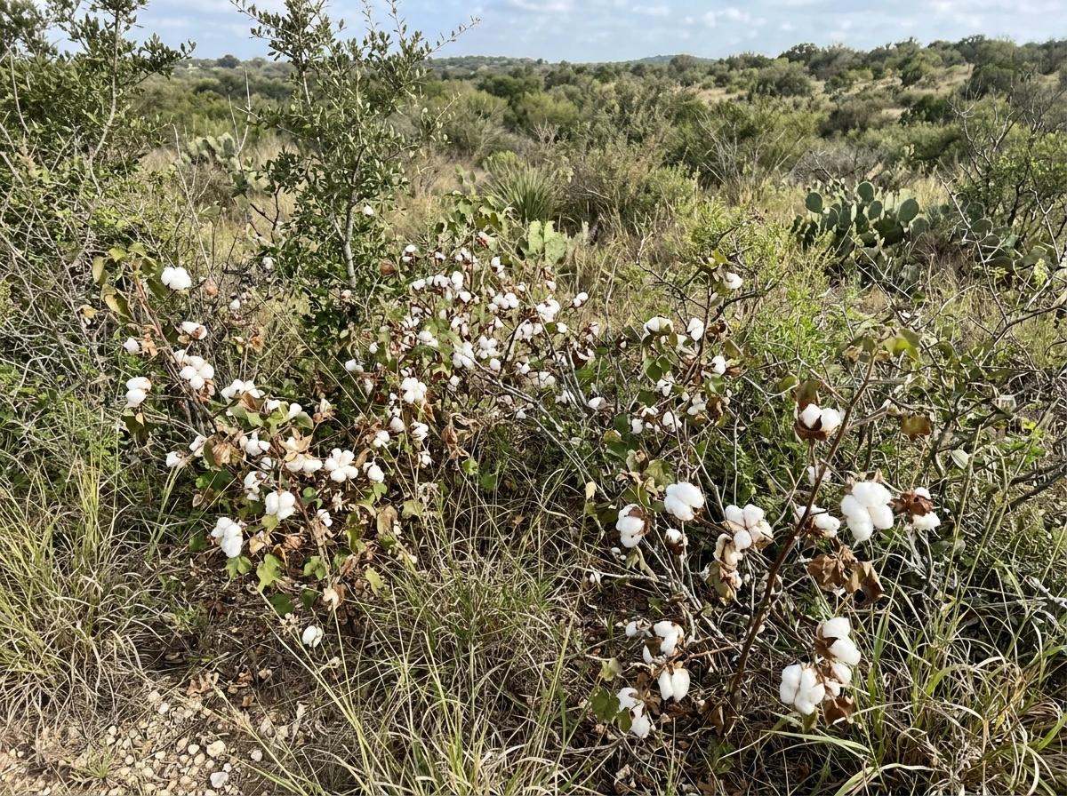 Wild cotton plants with visible bolls growing in a tropical/subtropical native landscape.