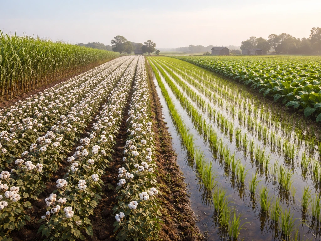 Minimal photo scene suggesting Atlantic plantation crops by region: fields of sugarcane, cotton, rice, and tobacco.