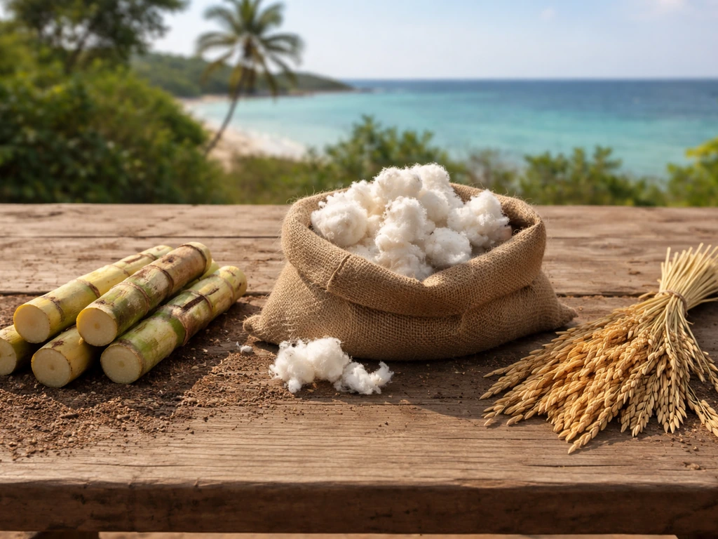 Sunlit outdoor table with scattered cotton, rice, and sugarcane-like stalks suggesting climate-driven crops