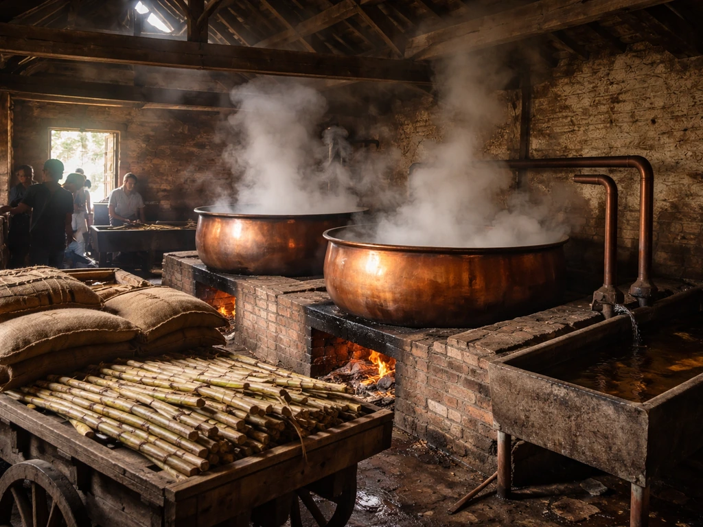 Cramped sugar boiling house with copper kettles and fresh sugarcane being processed.