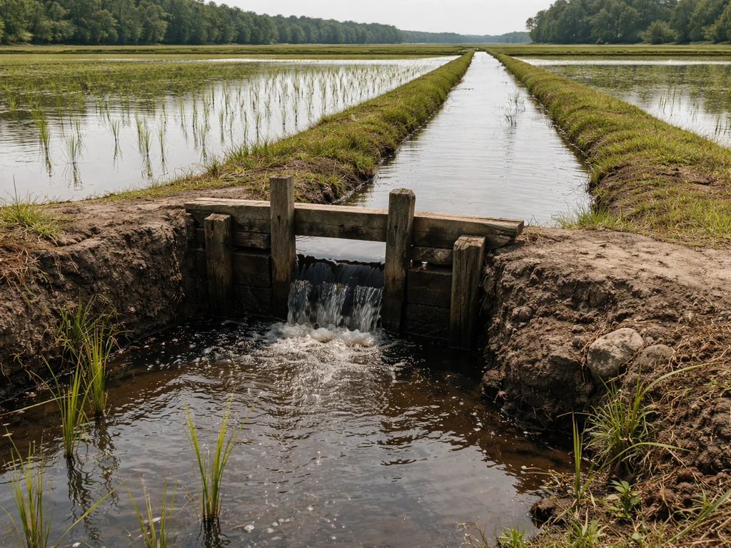 Lowcountry rice plantation with flooded fields and visible dikes and floodgates controlling water