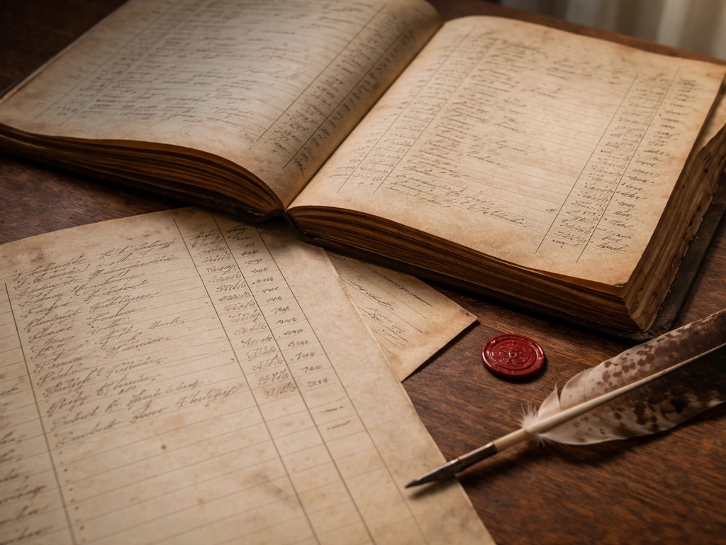 Close-up of old plantation account books and estate inventory pages with handwritten crop entries