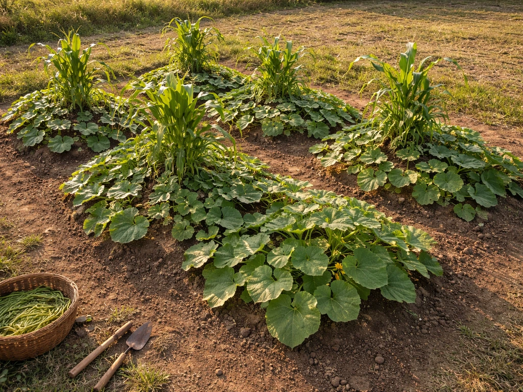 Overhead view of a Three Sisters planting bed with corn, beans, and squash arranged in rows of earth.
