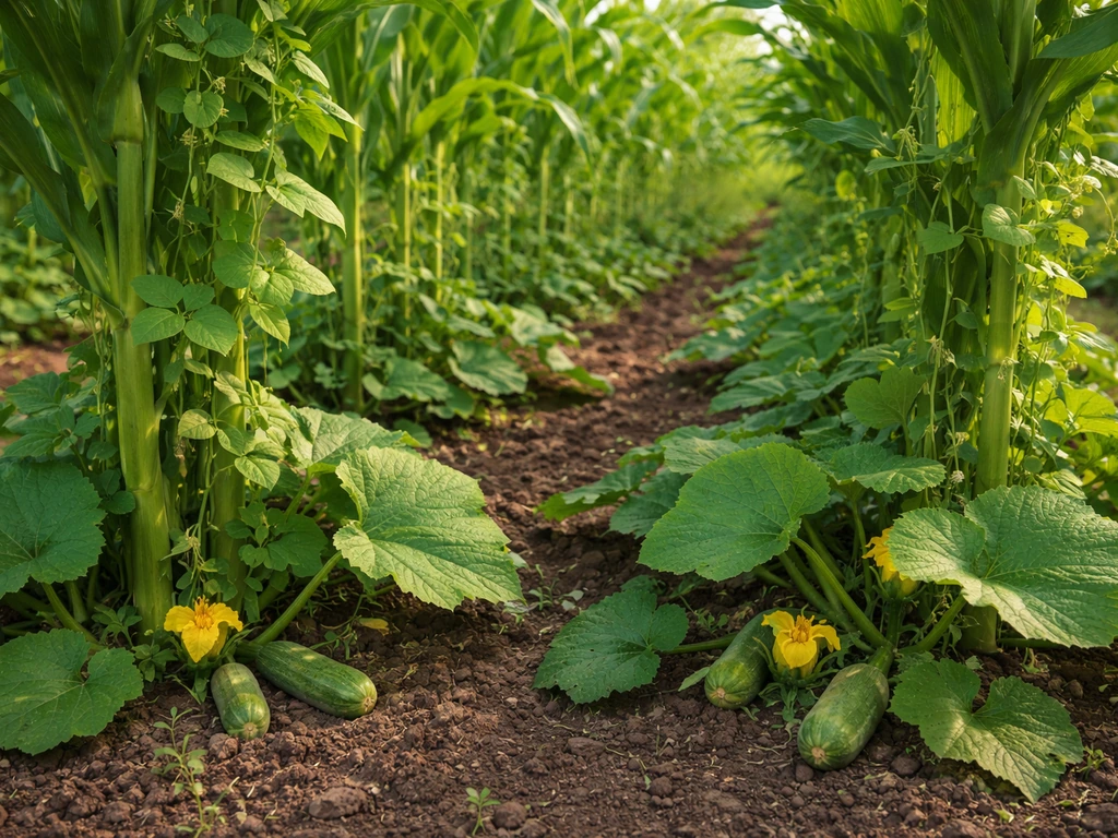 Close-up view of corn stalks, climbing bean vines, and squash plants in a cultivated field