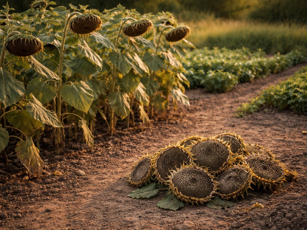 Sunflower seed heads in a cultivated field with a few harvested heads on the soil nearby.